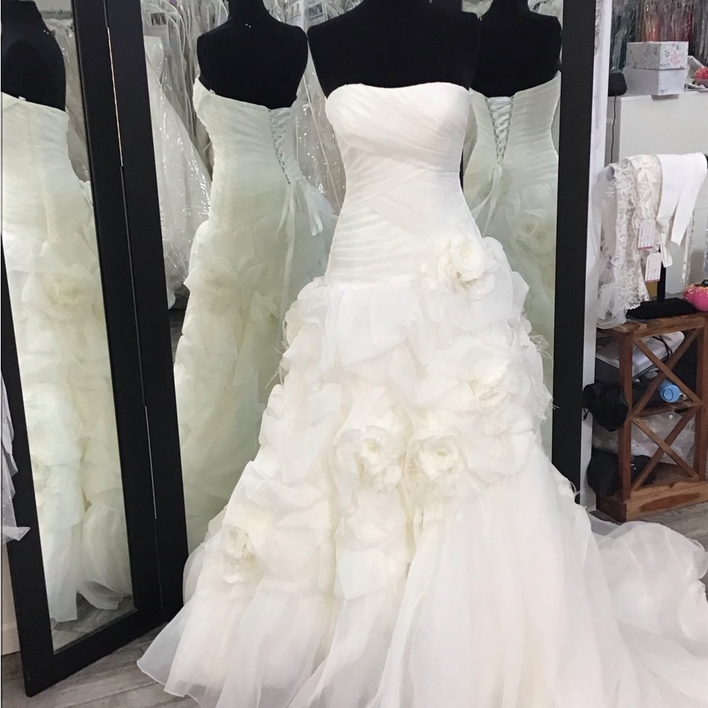 Strapless White Floral Applique Wedding Gown